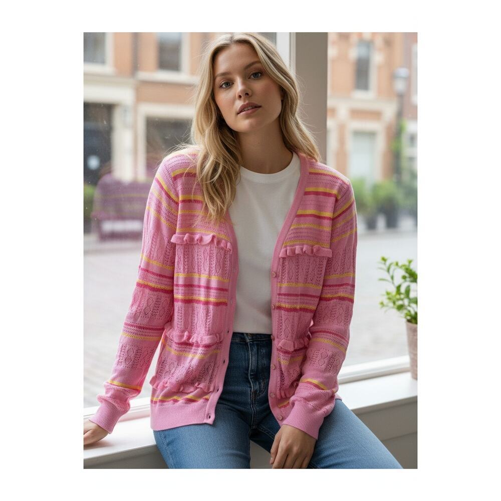 Charter Club Pink Yellow Stripe Knit Ruffle Cardigan Sweater XL Button Front - Picture 2 of 12
